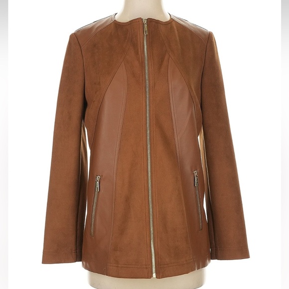 Kenneth Cole Women’s Tobacco Brown Faux Leather Suede Jacket Full Zip Size Small - Picture 1 of 8